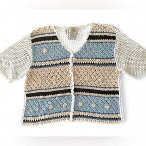Vintage Teddi Crochet Knit Cardigan with Blue and Cream Accents